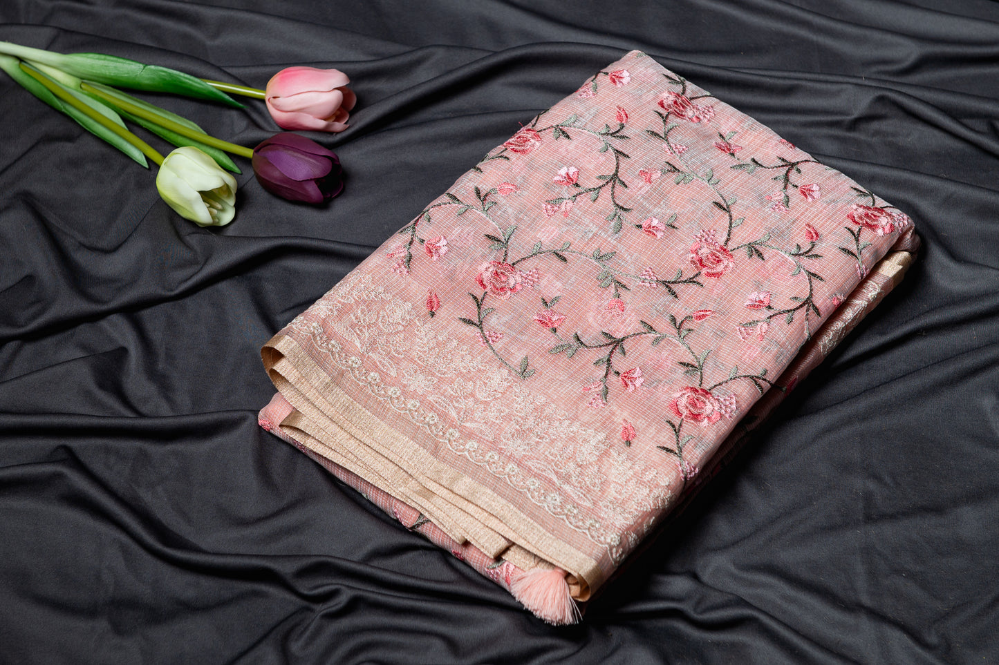 Pure Kota floral embroidery saree- peach