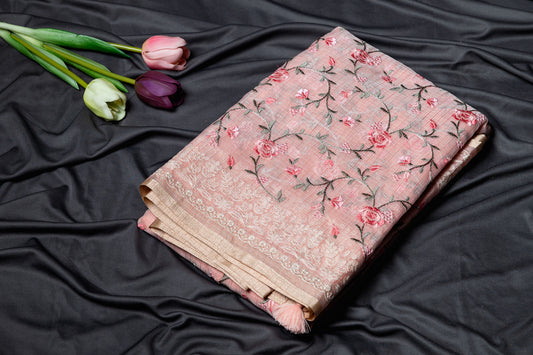 Pure Kota floral embroidery saree- peach