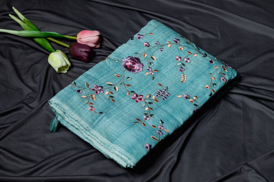 Pure Mul embroidery saree- Blue Ombre