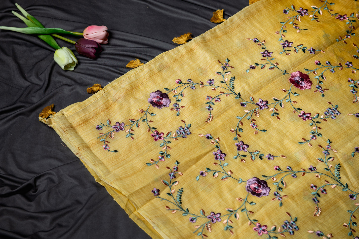 Pure Mul embroidery saree - Yellow ombre