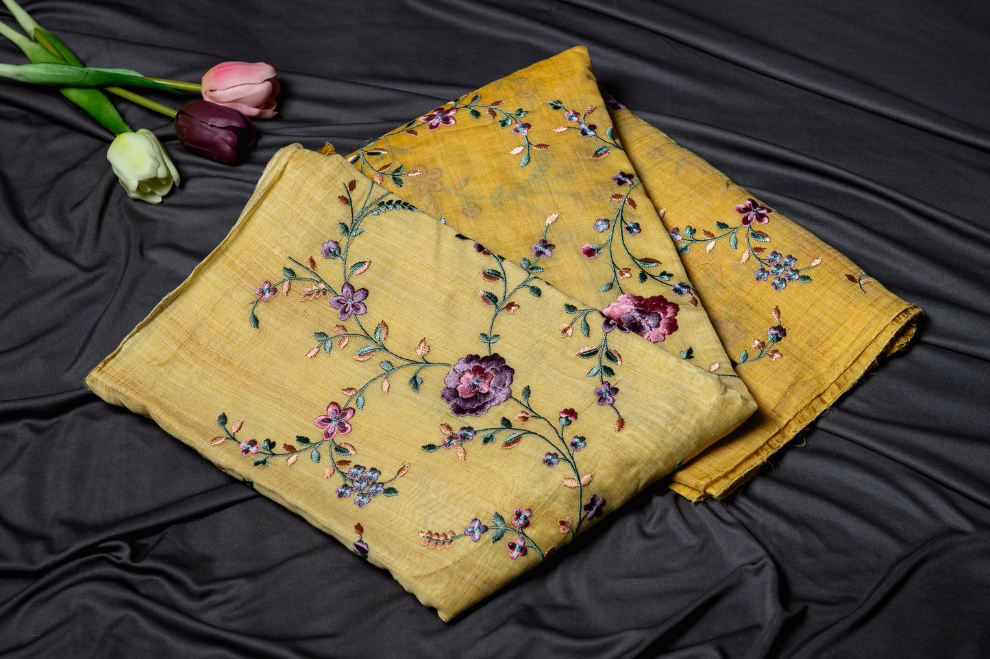 Pure Mul embroidery saree - Yellow ombre