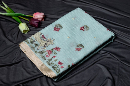 Pure Kota pichwai embroidery saree-Blue