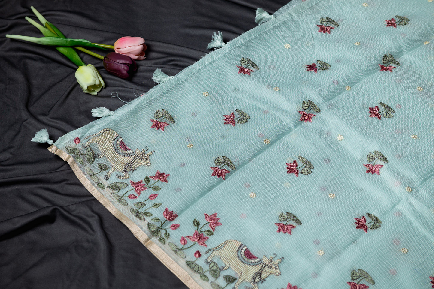 Pure Kota pichwai embroidery saree-Blue