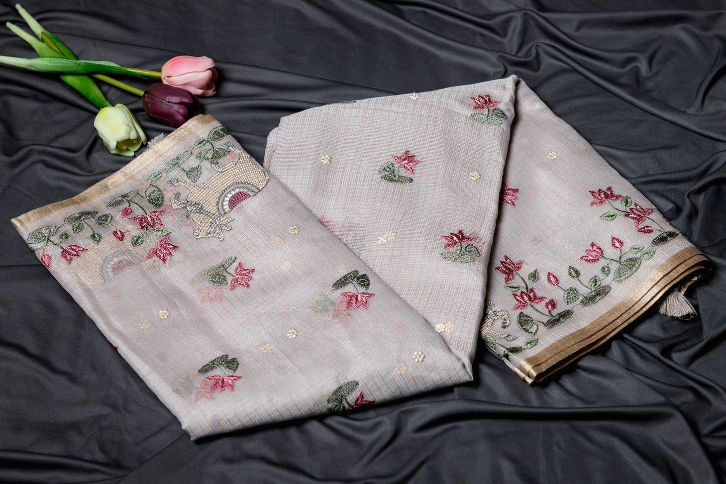 Pure Kota pichwai embroidery saree-Grey