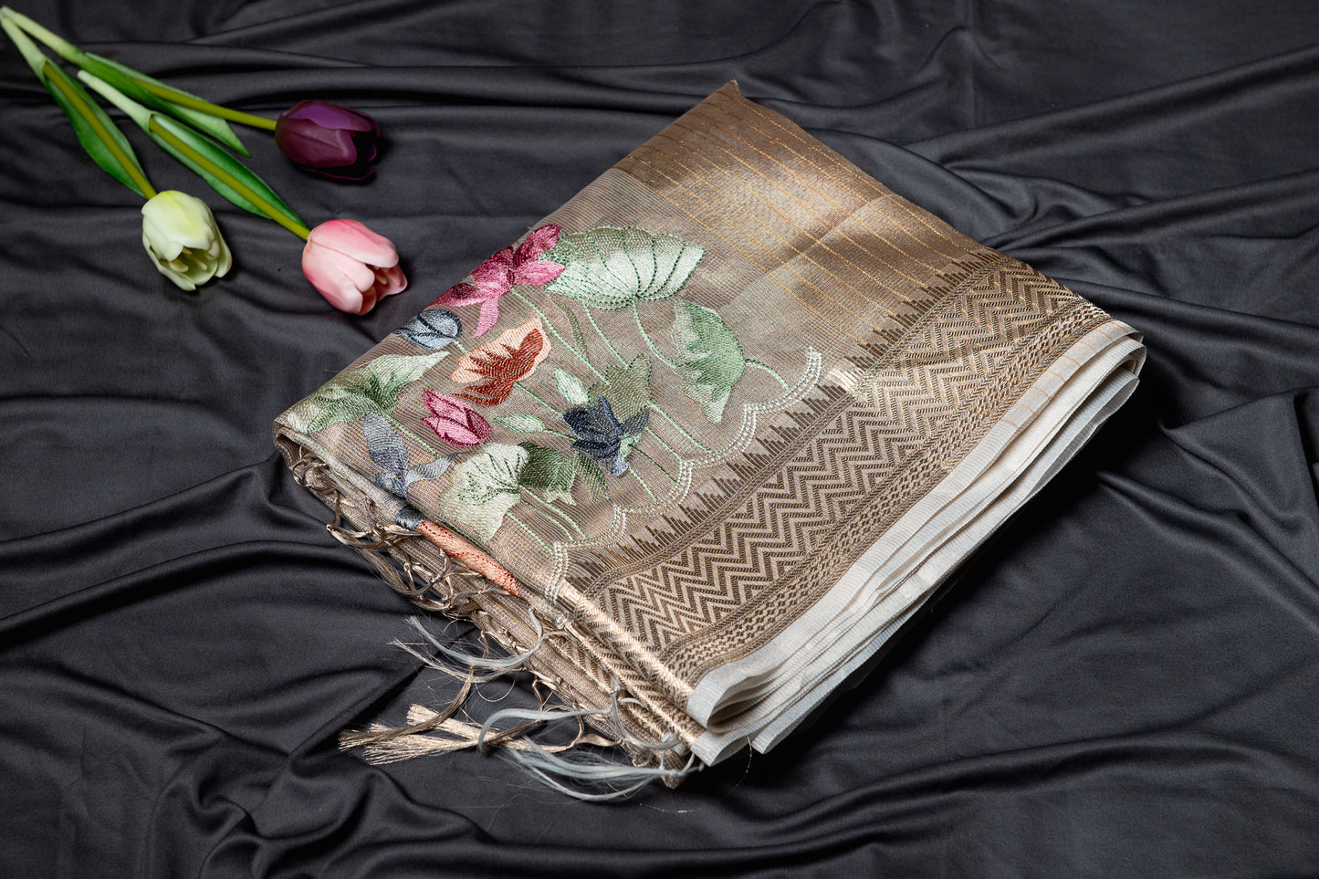 Kota tissue floral embroidery saree - gold