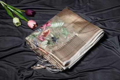 Kota tissue floral embroidery saree - gold