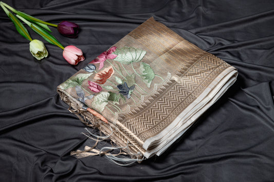 Kota tissue floral embroidery saree - gold