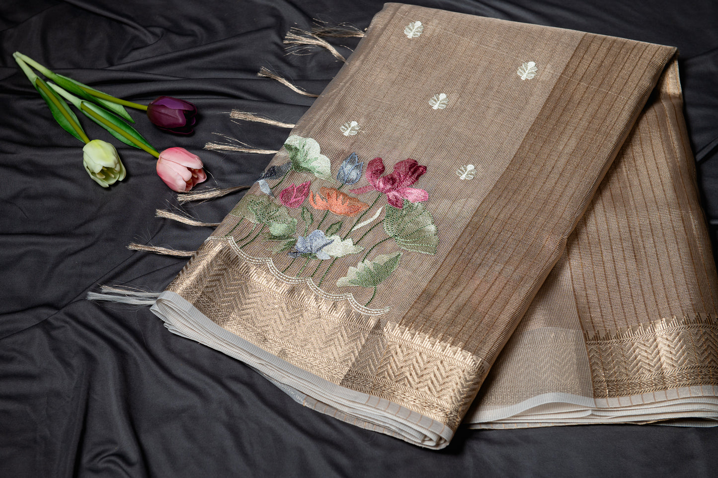 Kota tissue floral embroidery saree - gold