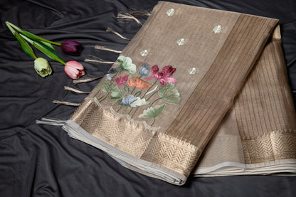 Kota tissue floral embroidery saree - gold