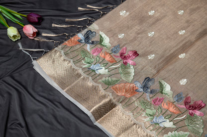 Kota tissue floral embroidery saree - gold