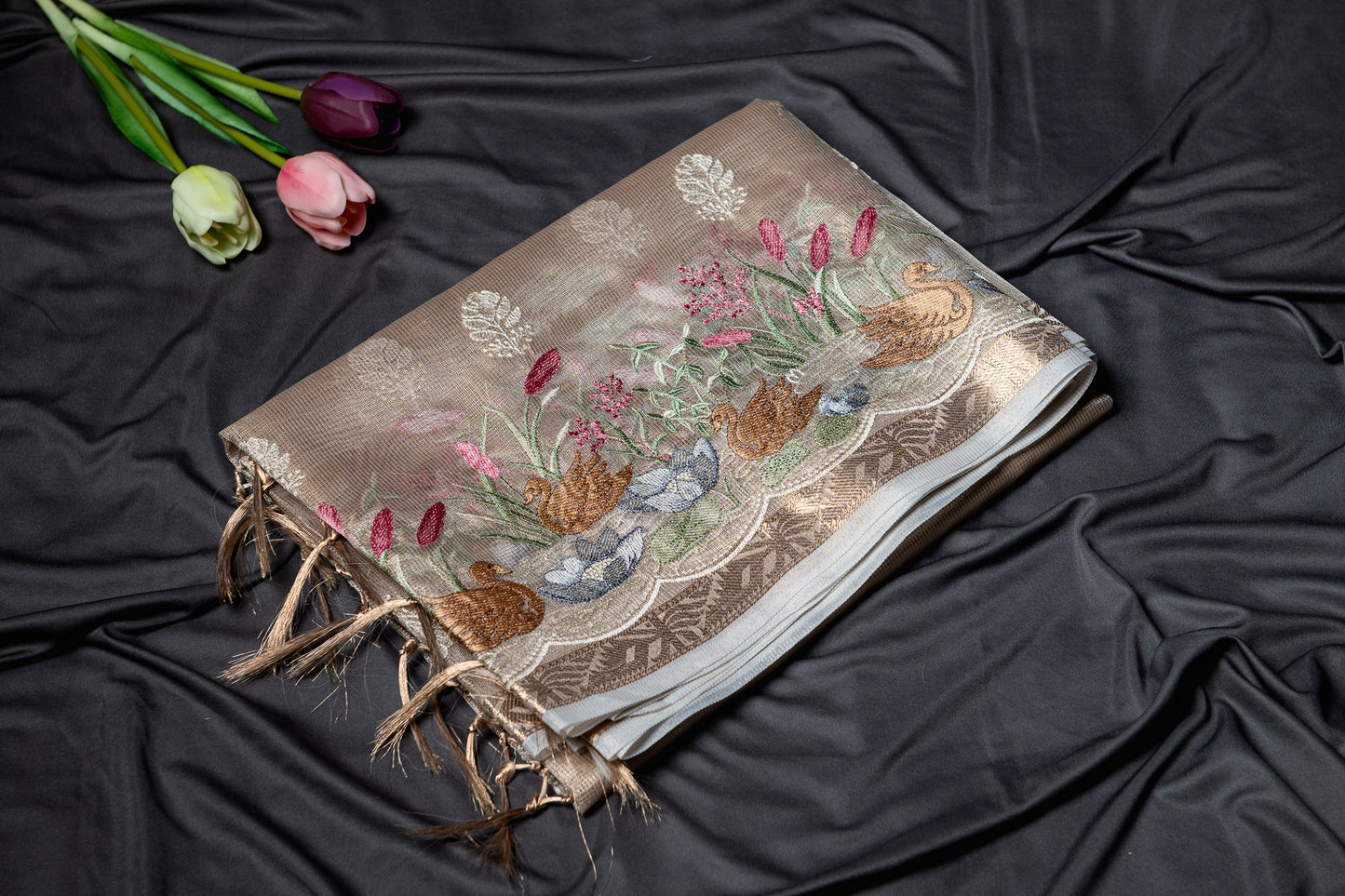Kota tissue floral embroidery saree - gold