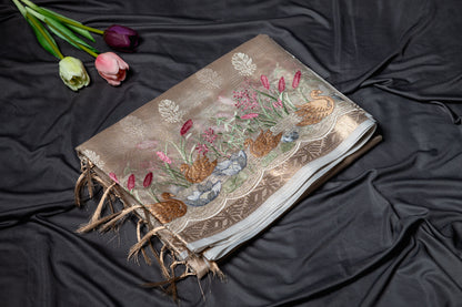 Kota tissue floral embroidery saree - gold