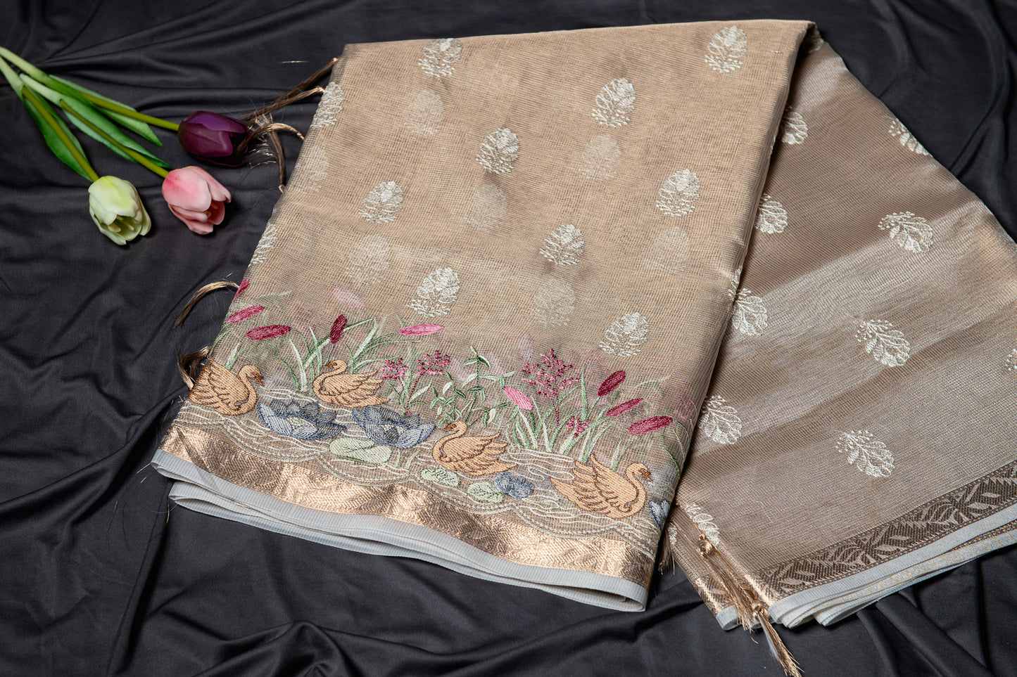 Kota tissue floral embroidery saree - gold