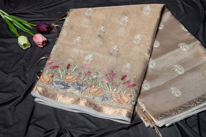 Kota tissue floral embroidery saree - gold