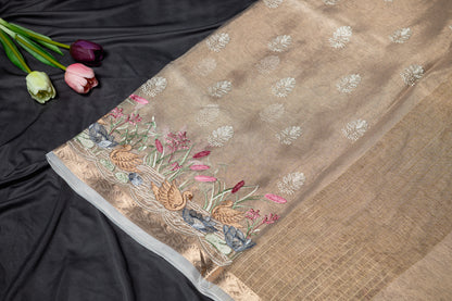 Kota tissue floral embroidery saree - gold