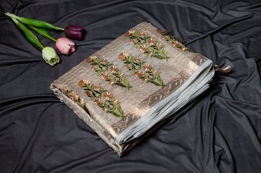 Kota tissue floral embroidery saree - gold