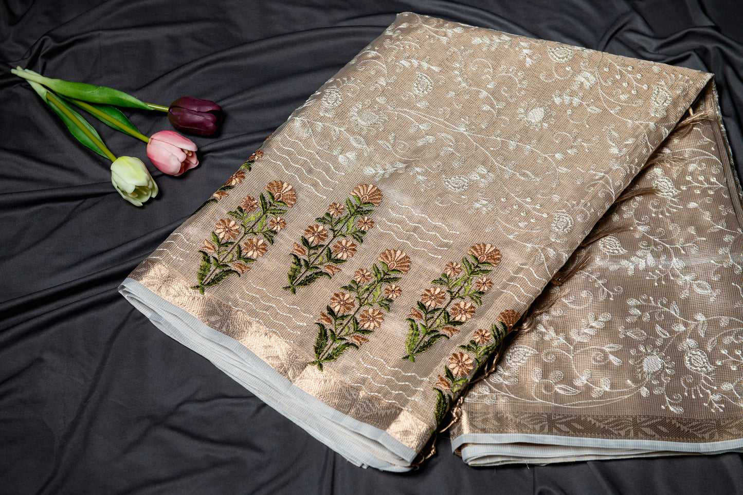 Kota tissue floral embroidery saree - gold
