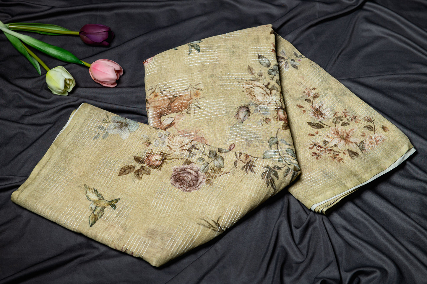 Pure Linen deer kantha work saree