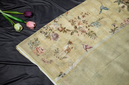 Pure Linen deer kantha work saree