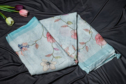 Pure Linen printed saree - Blue