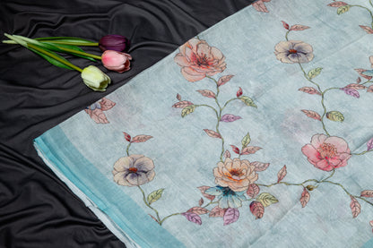 Pure Linen printed saree - Blue