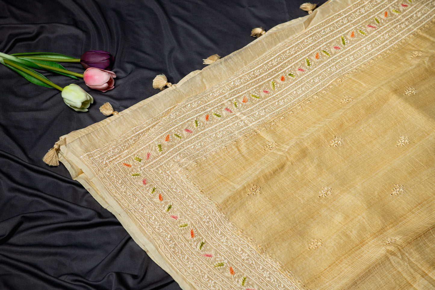 Pure Mul embroidery saree - Pastel yellow