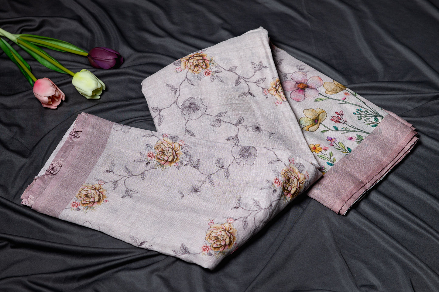 Pure Linen printed saree - Dusty pink