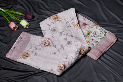 Pure Linen printed saree - Dusty pink
