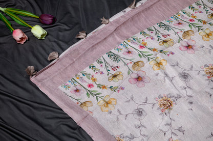 Pure Linen printed saree - Dusty pink