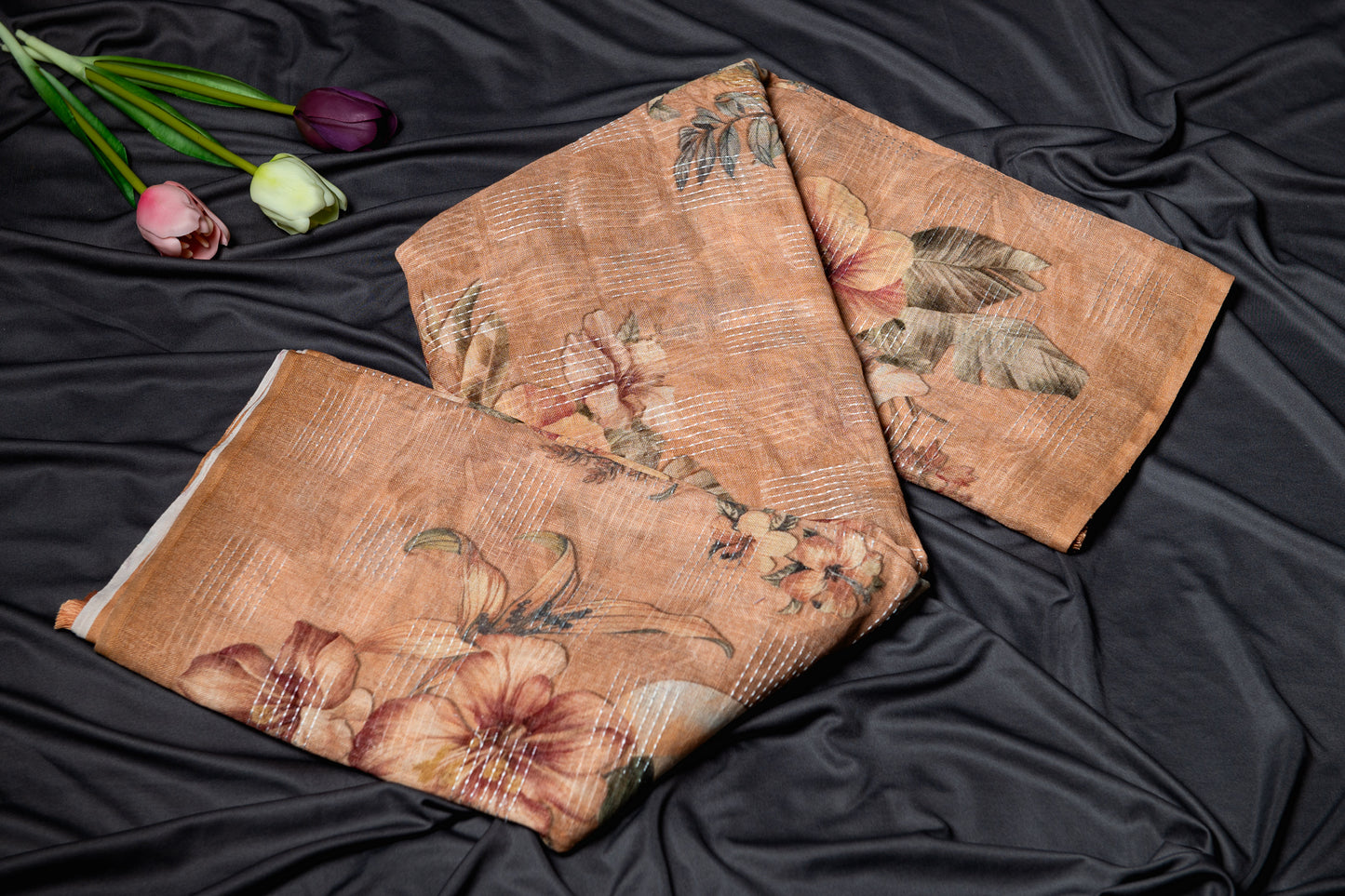 Pure linen kantha embroidery saree