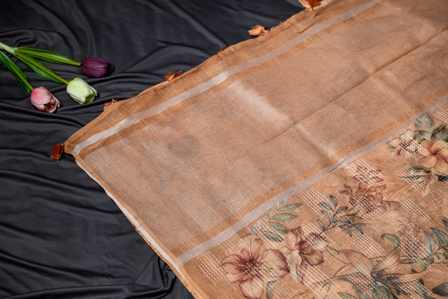 Pure linen kantha embroidery saree