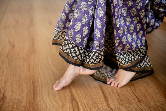 Chanderi silk with floral  handblock print-Purple