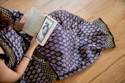 Chanderi silk with floral  handblock print-Purple