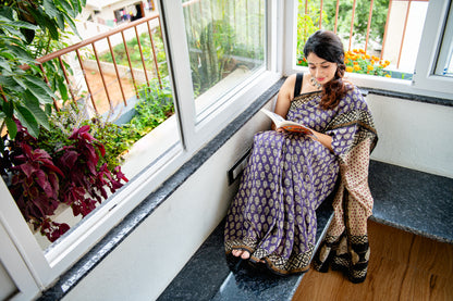 Chanderi silk with floral  handblock print-Purple