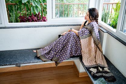 Chanderi silk with floral  handblock print-Purple