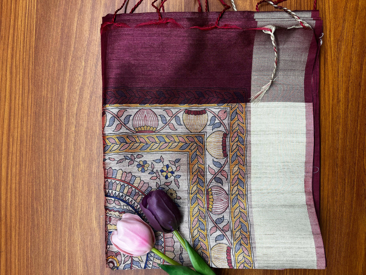 Madhubani print art silk saree- Wine