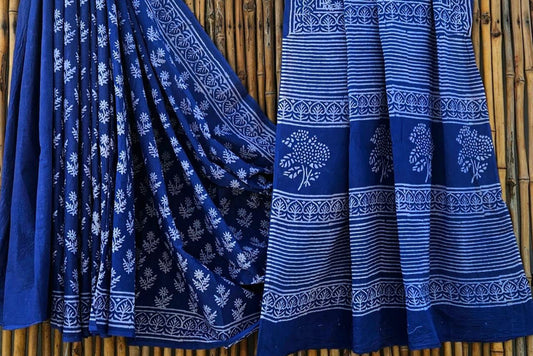 Pure Mul handblock saree - Blue