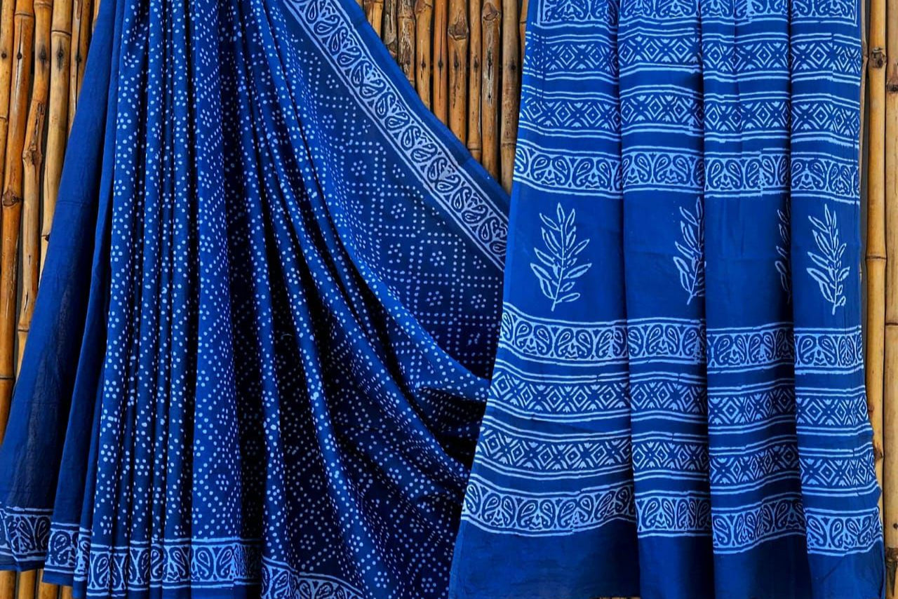 Pure Mul handblock saree - Blue