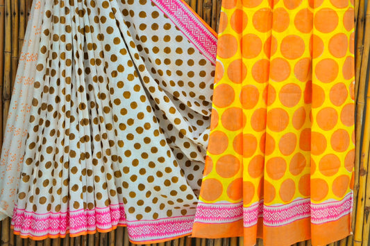 Pure Mul handblock saree - white with Polka dots