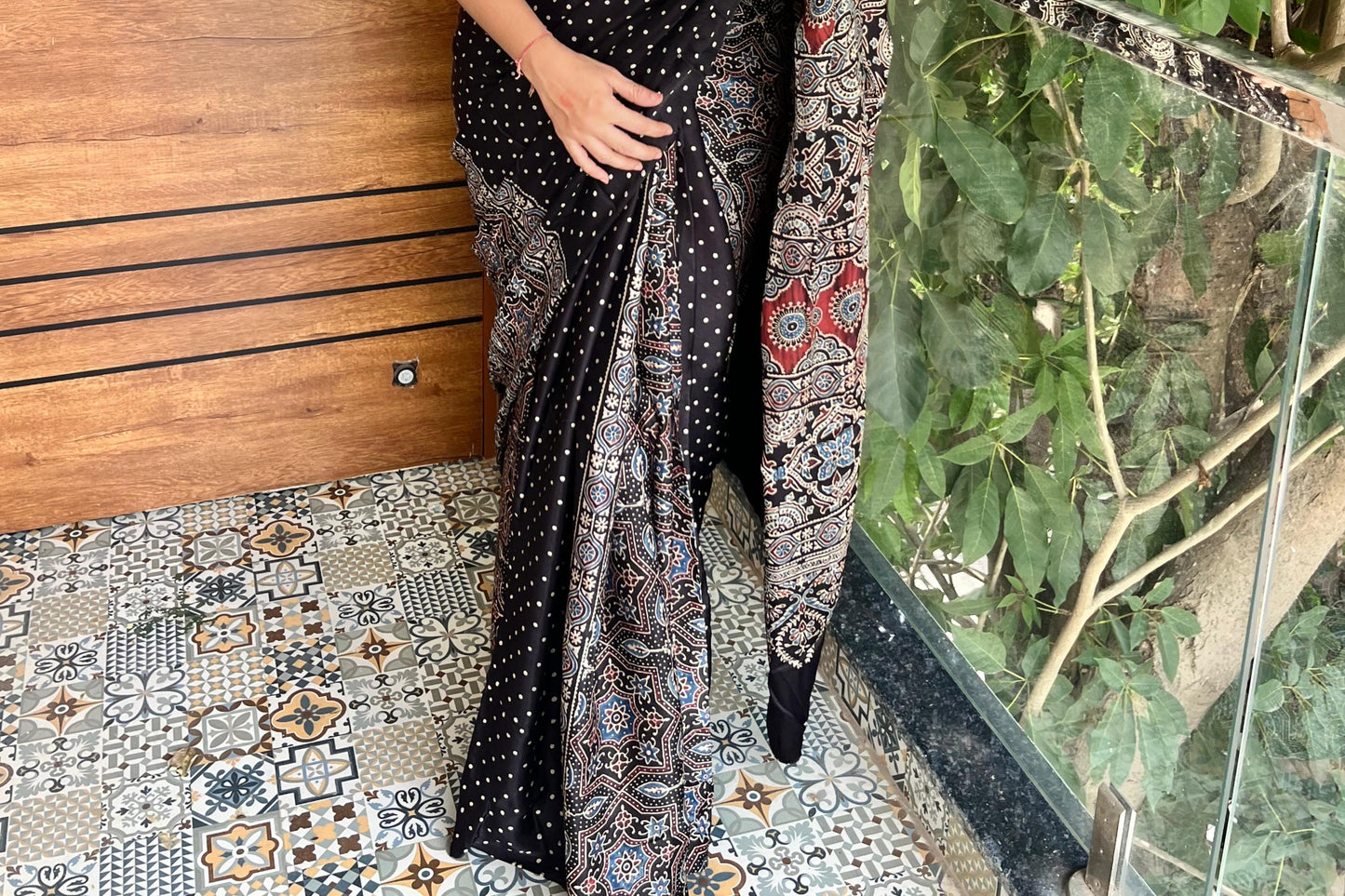 Pure modal silk ajrak handblock saree- black