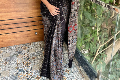 Pure modal silk ajrak handblock saree- black