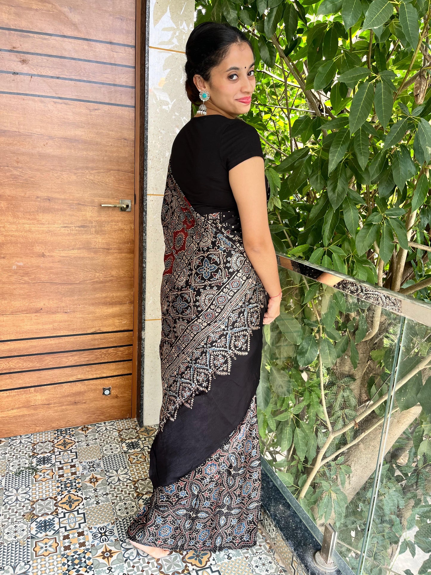 Pure modal silk ajrak handblock saree- black