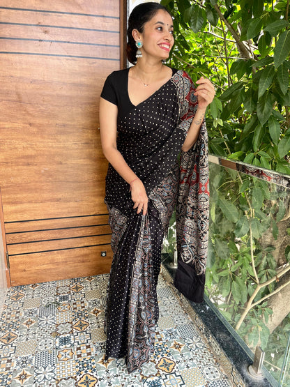 Pure modal silk ajrak handblock saree- black