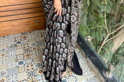 Pure modal silk ajrak handblock saree- black