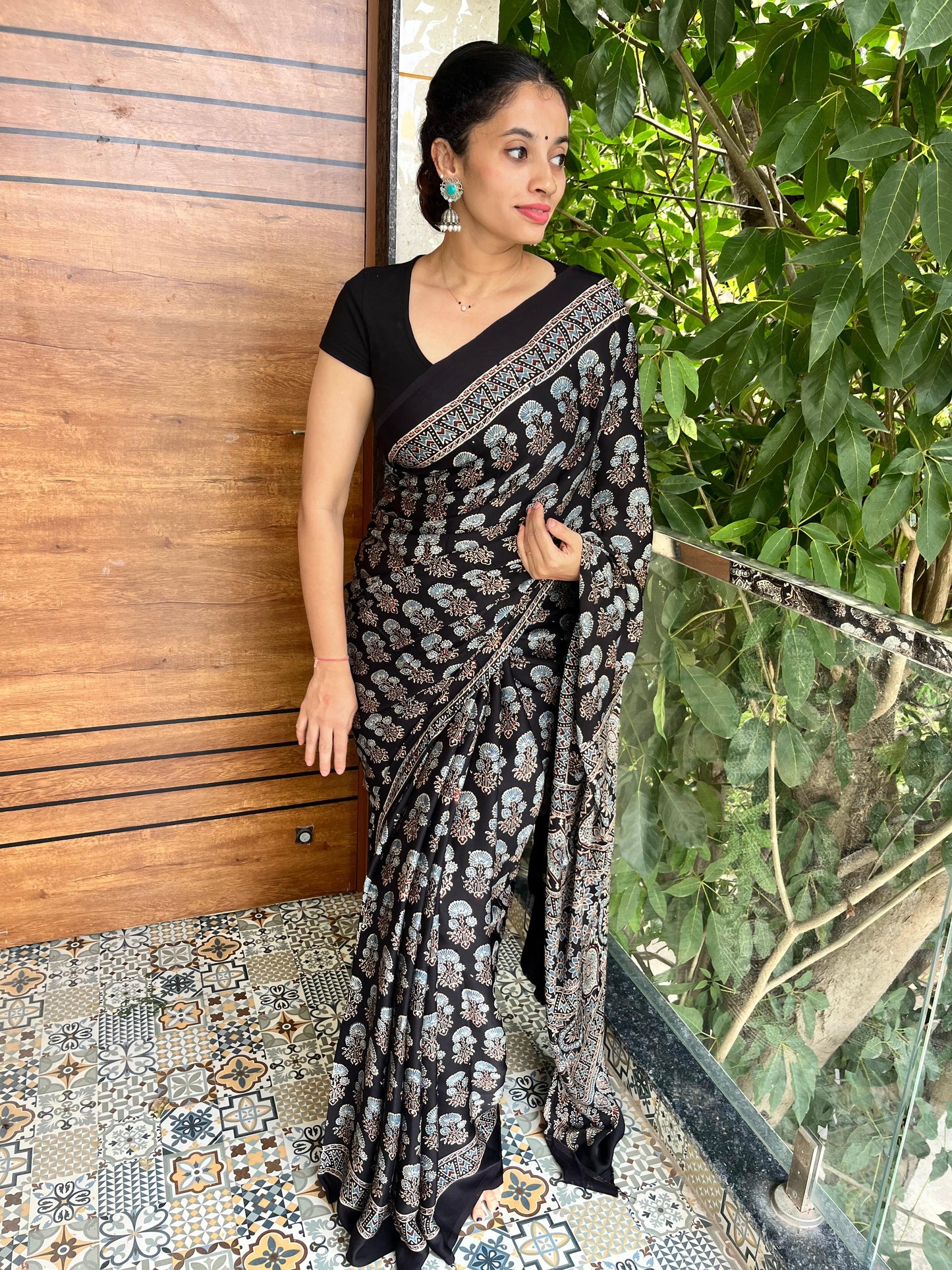 Pure modal silk ajrak handblock saree- black