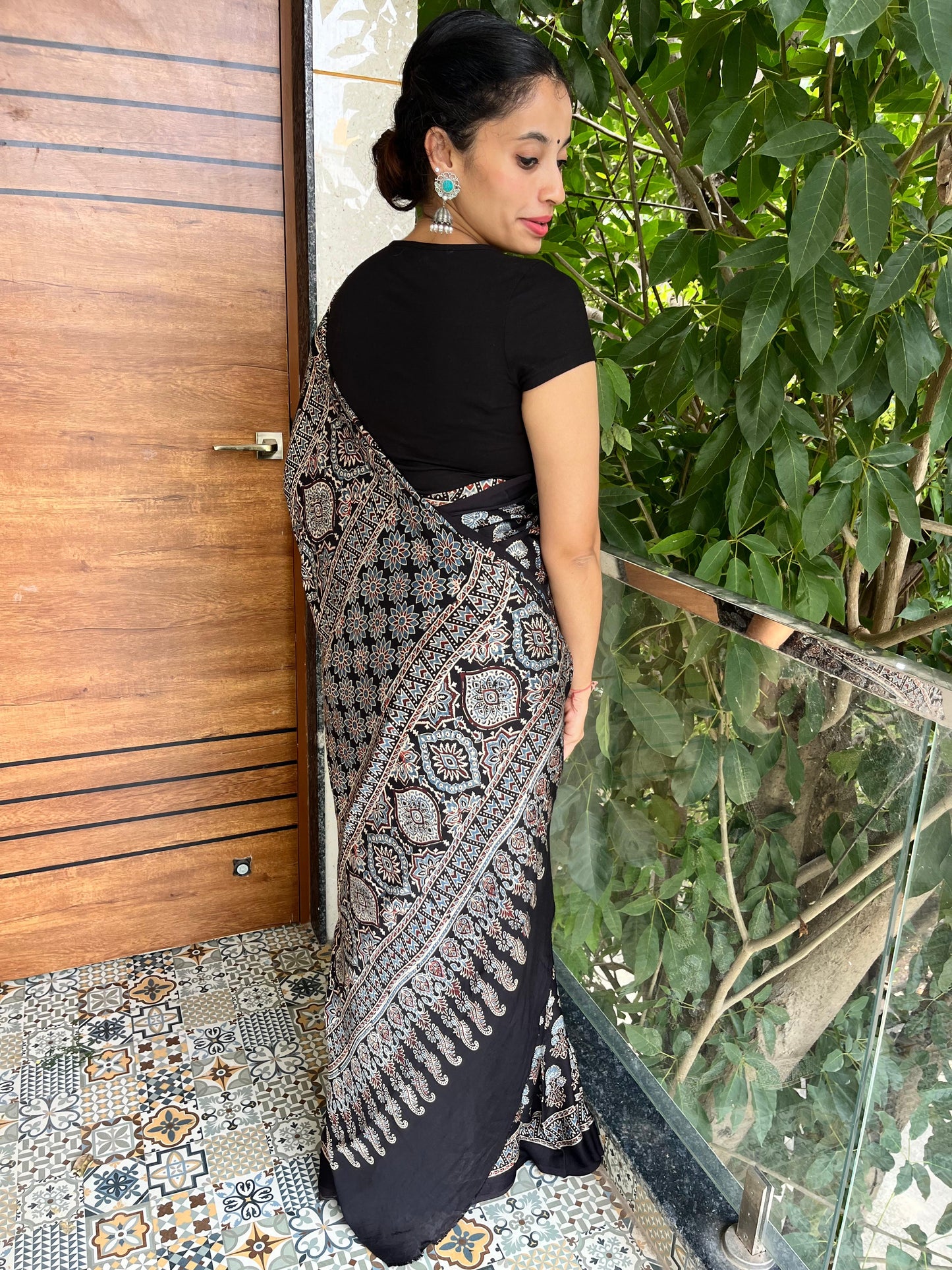 Pure modal silk ajrak handblock saree- black