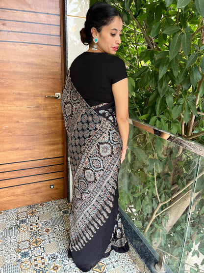 Pure modal silk ajrak handblock saree- black
