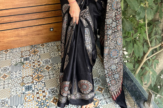 Pure modal silk ajrak handblock saree- black1