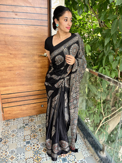 Pure modal silk ajrak handblock saree- black1
