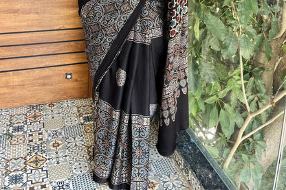 Pure modal silk ajrak handblock saree- black2
